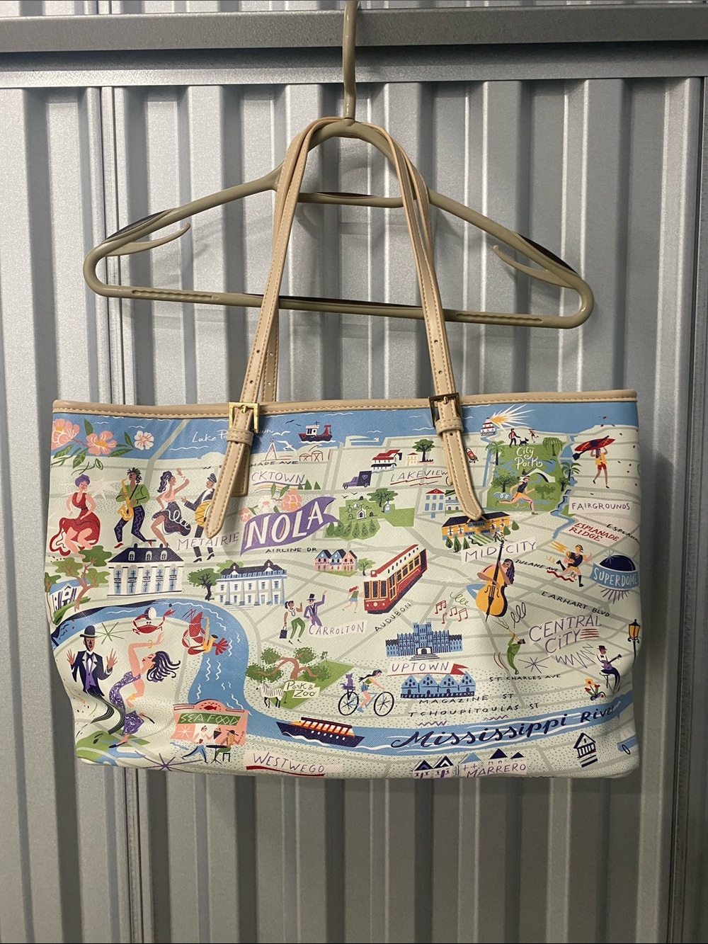 Spartina 449 Multi-Color Illustrated NOLA Canvas Tote with Beige Trim